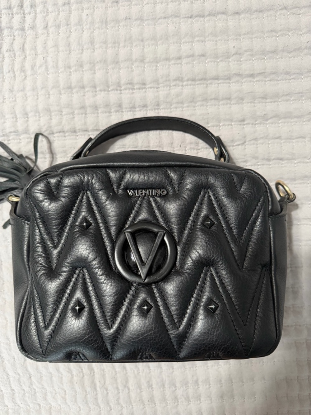 Valentino Black Quilted Leather Mini Camera Bag with V Logo